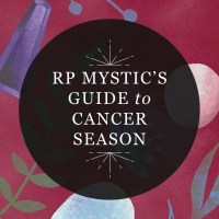 Graphic for RP Mystic blog post "RP Mystic's Guide to Cancer Season." The title is placed in a semi-transparent black circle over an illustrated image of June birthstones and greenery.